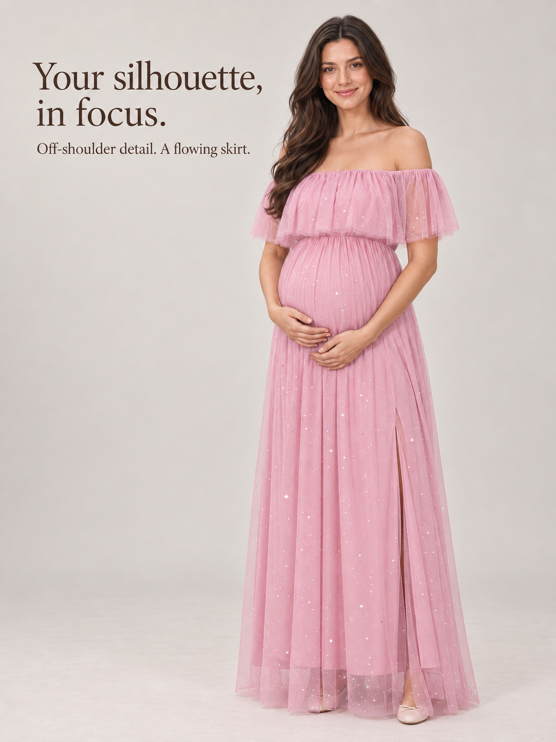 Odette Dusty Pink maternity dress — full silhouette with the off-the-shoulder flounce
