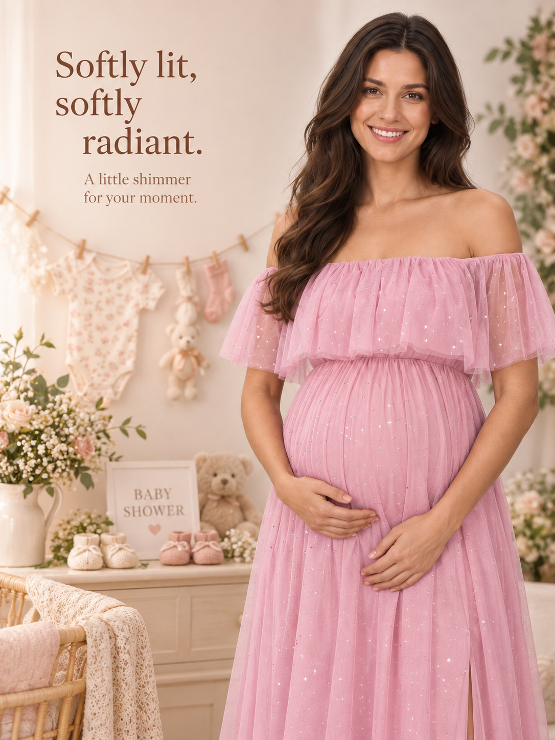 Odette Dusty Pink maternity dress — sparkling tulle in soft light at a baby shower