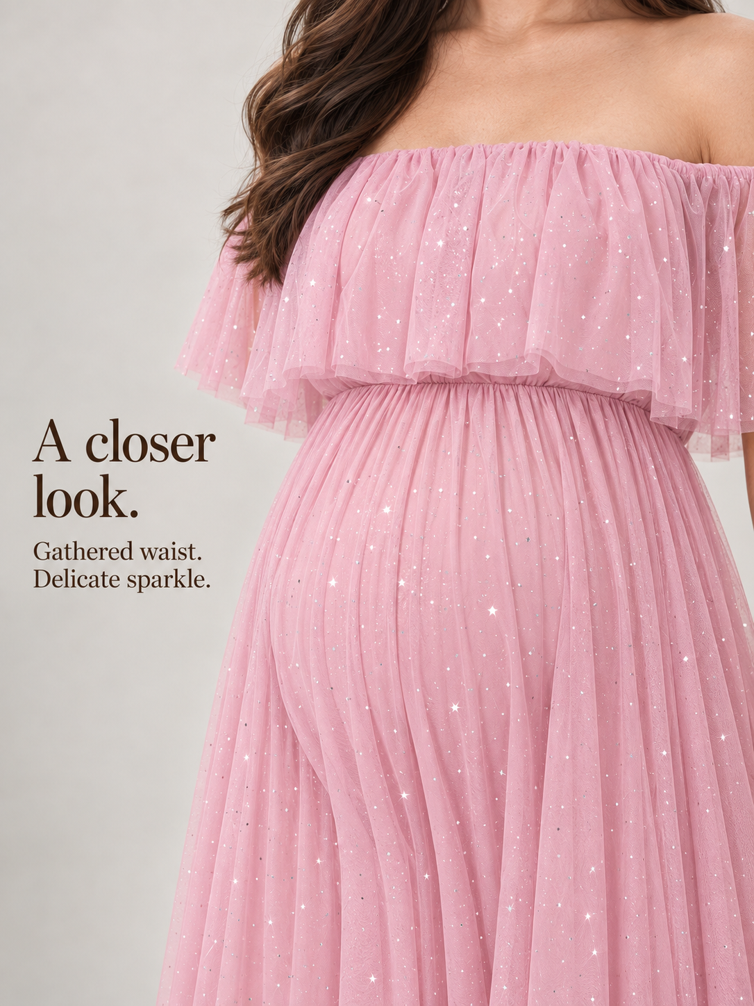 Odette Dusty Pink maternity dress — gathered waist and delicate sparkle close-up