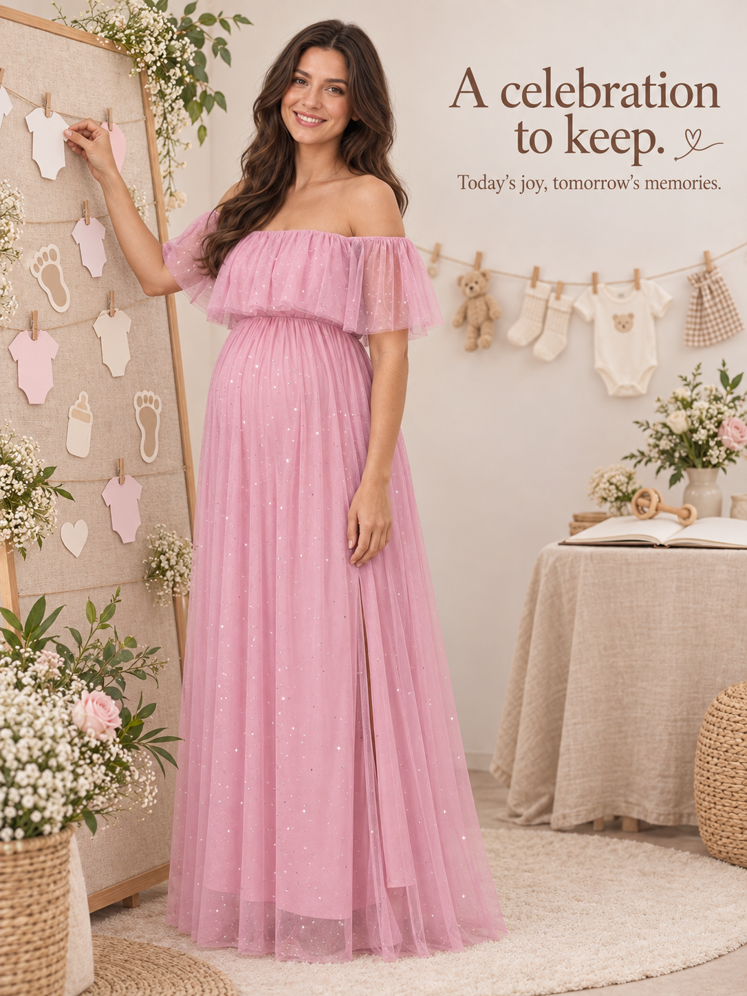 Odette Dusty Pink maternity dress — beside a keepsake board of baby clothes