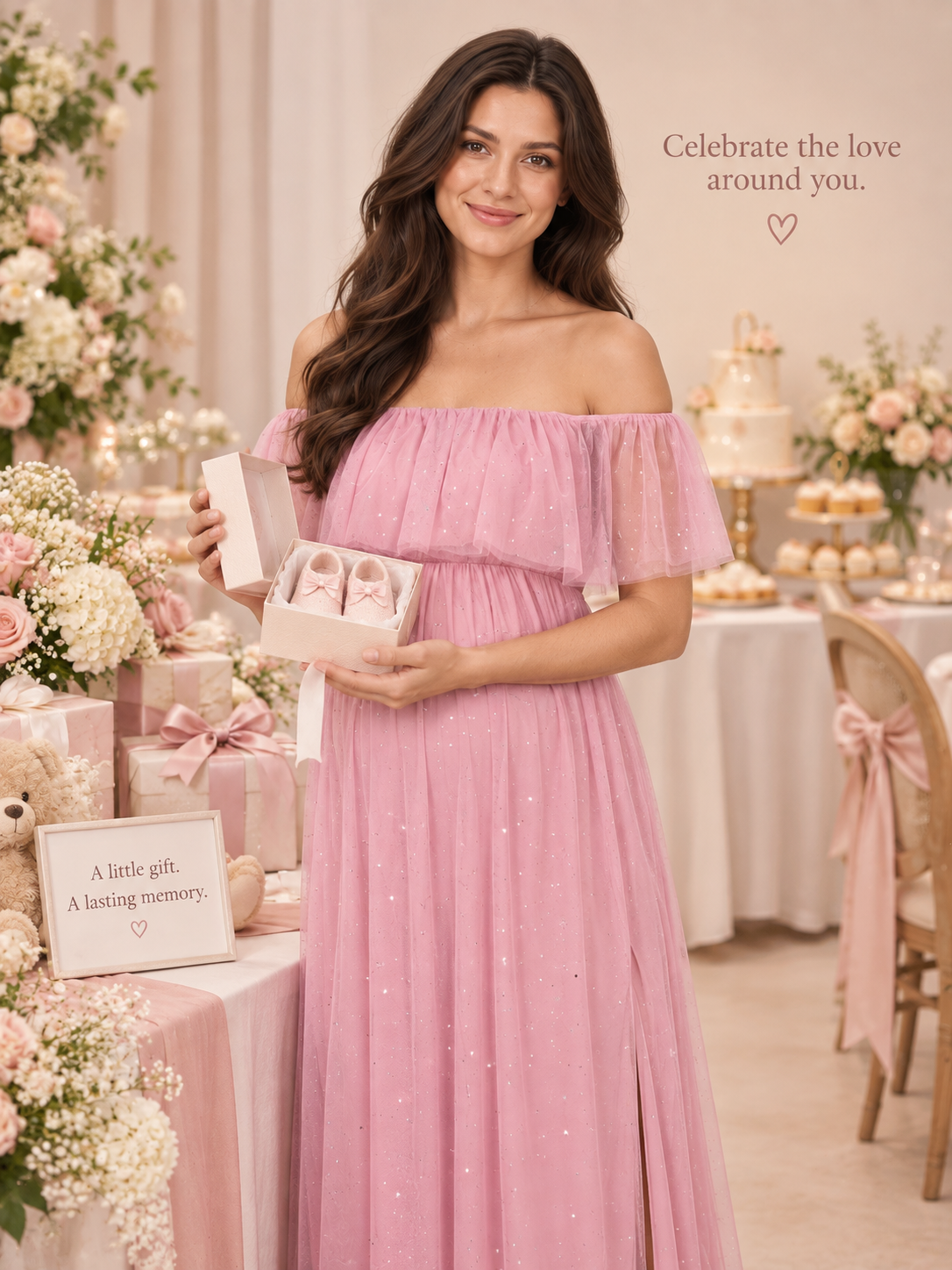Odette Dusty Pink maternity dress — holding a small gift at the celebration