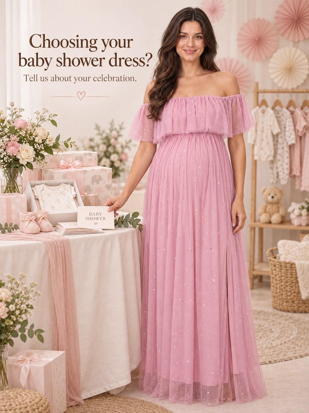 Odette Dusty Pink maternity dress — standing beside a decorated baby shower table