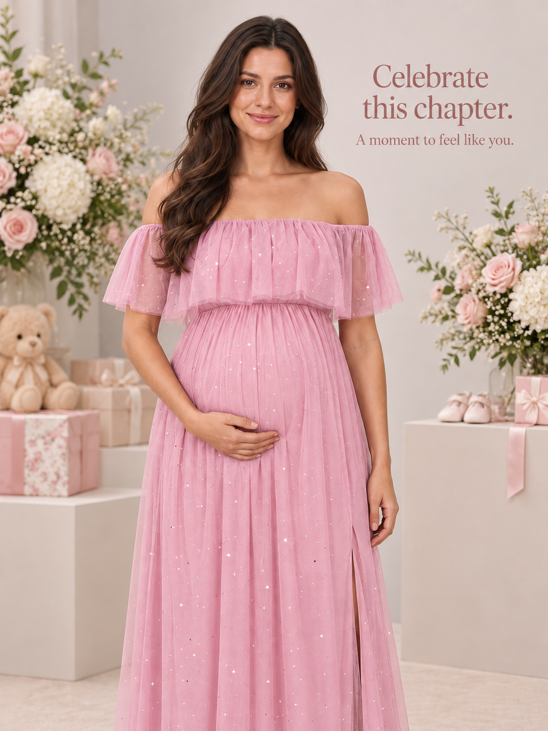 Odette Dusty Pink maternity dress — portrait among flowers and gifts at a baby shower