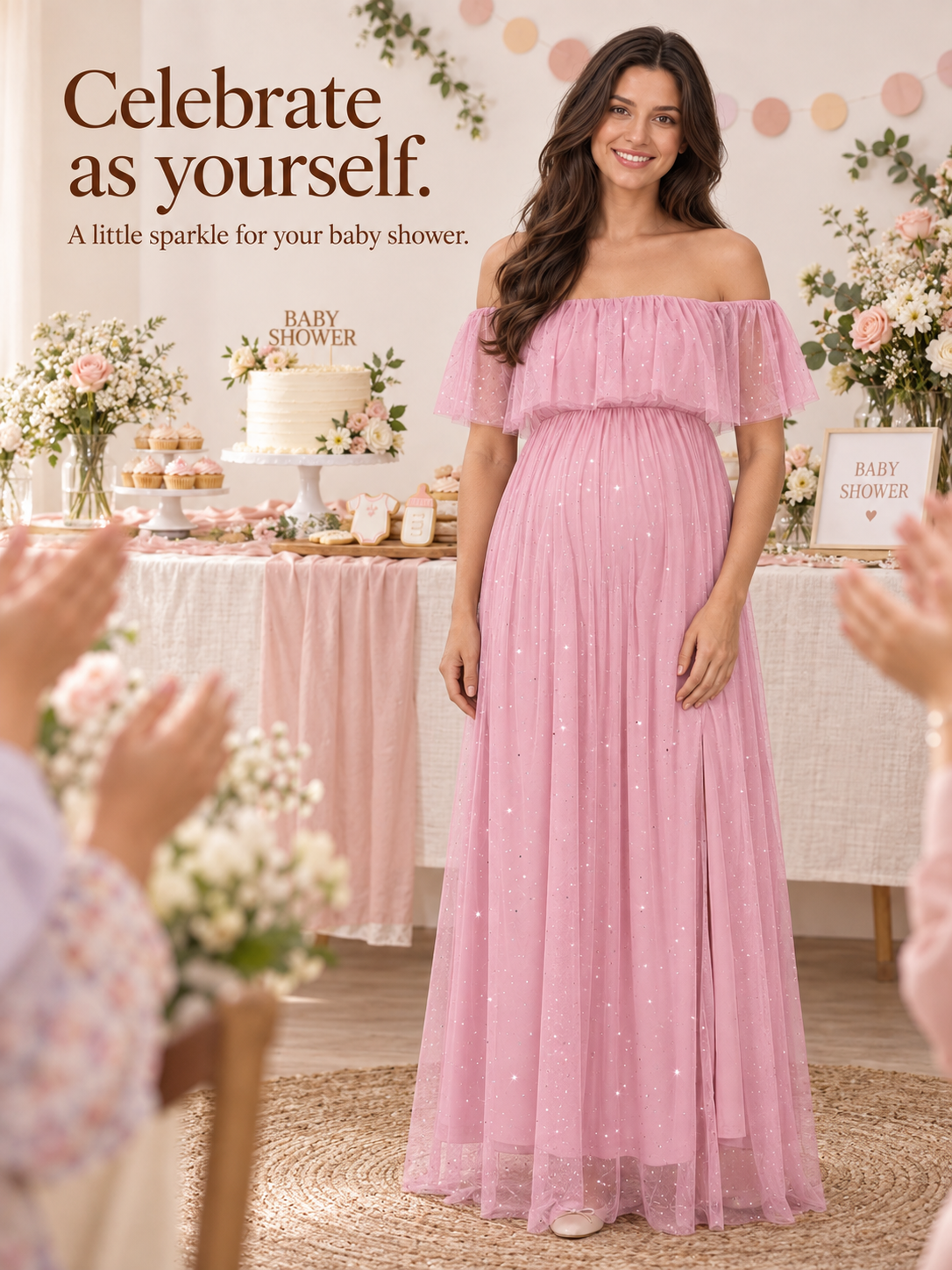 Odette Dusty Pink maternity dress — guests applauding at a baby shower