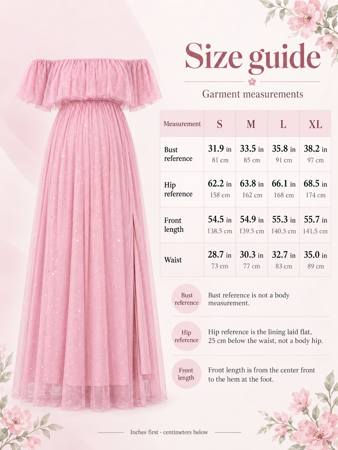 Odette Dusty Pink maternity dress — size guide with S to XL garment measurements in inches and centimeters