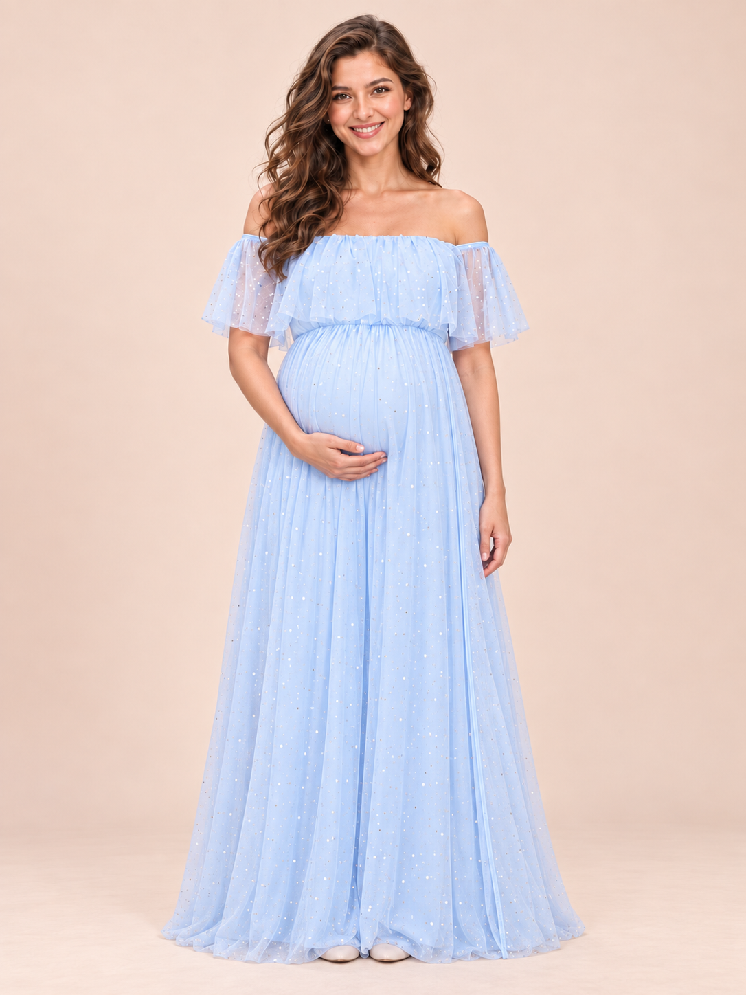 Odette Light Blue maternity dress — front view with off-shoulder ruffle and flowing tulle maxi skirt