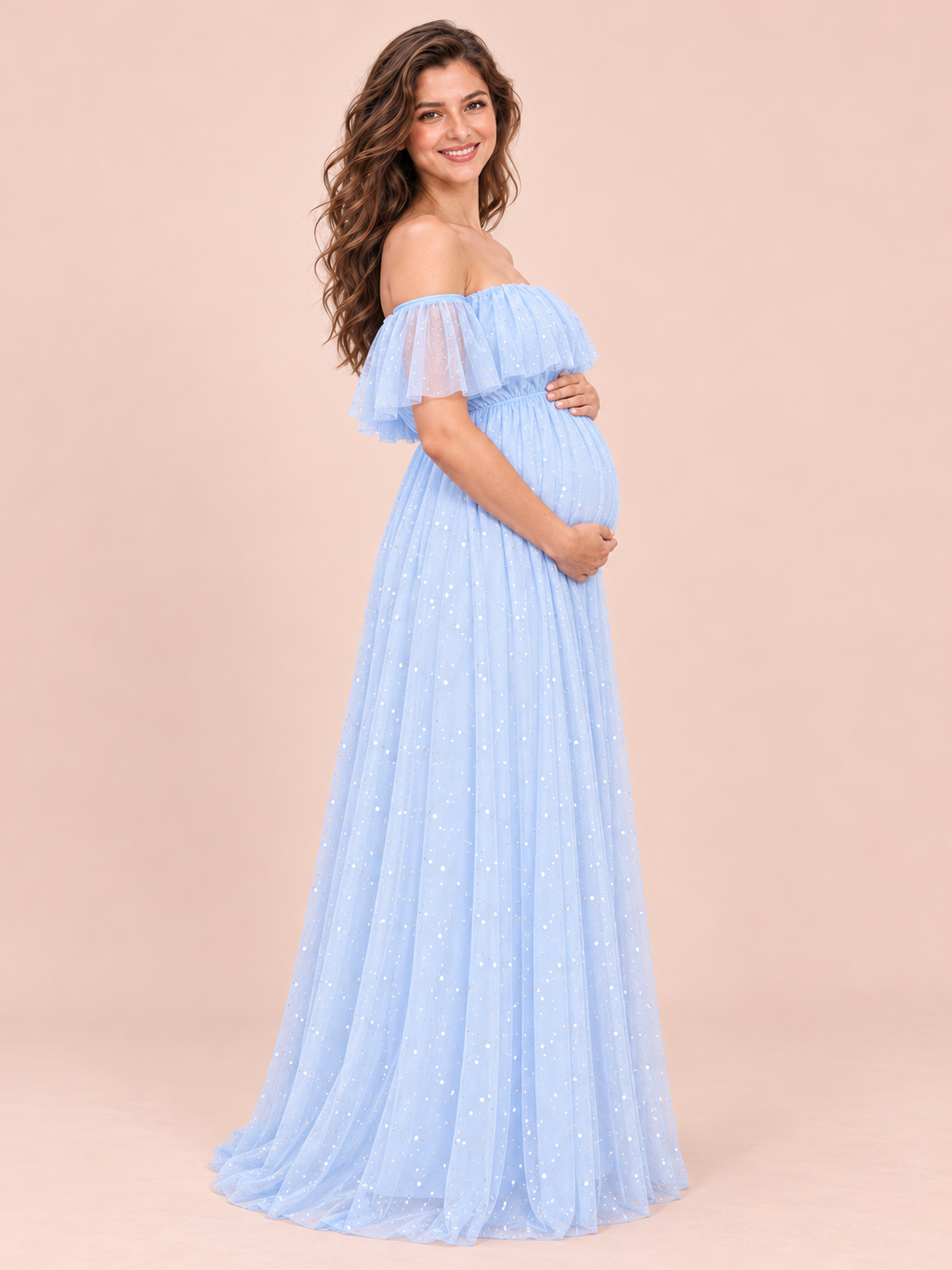 Odette Light Blue maternity dress — side view of the high waist and maternity silhouette