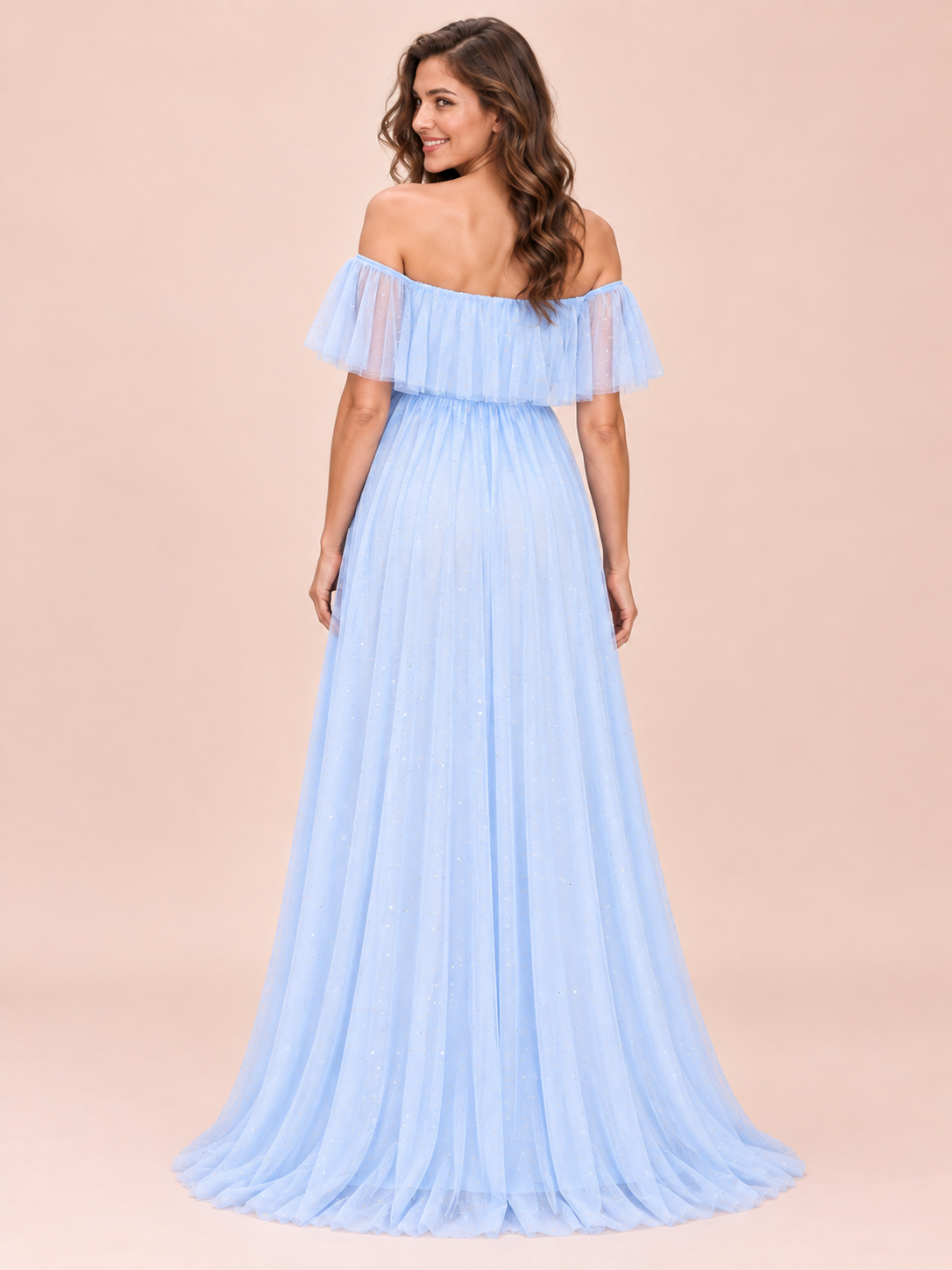 Odette Light Blue maternity dress — back view of the off-shoulder ruffle and tulle skirt
