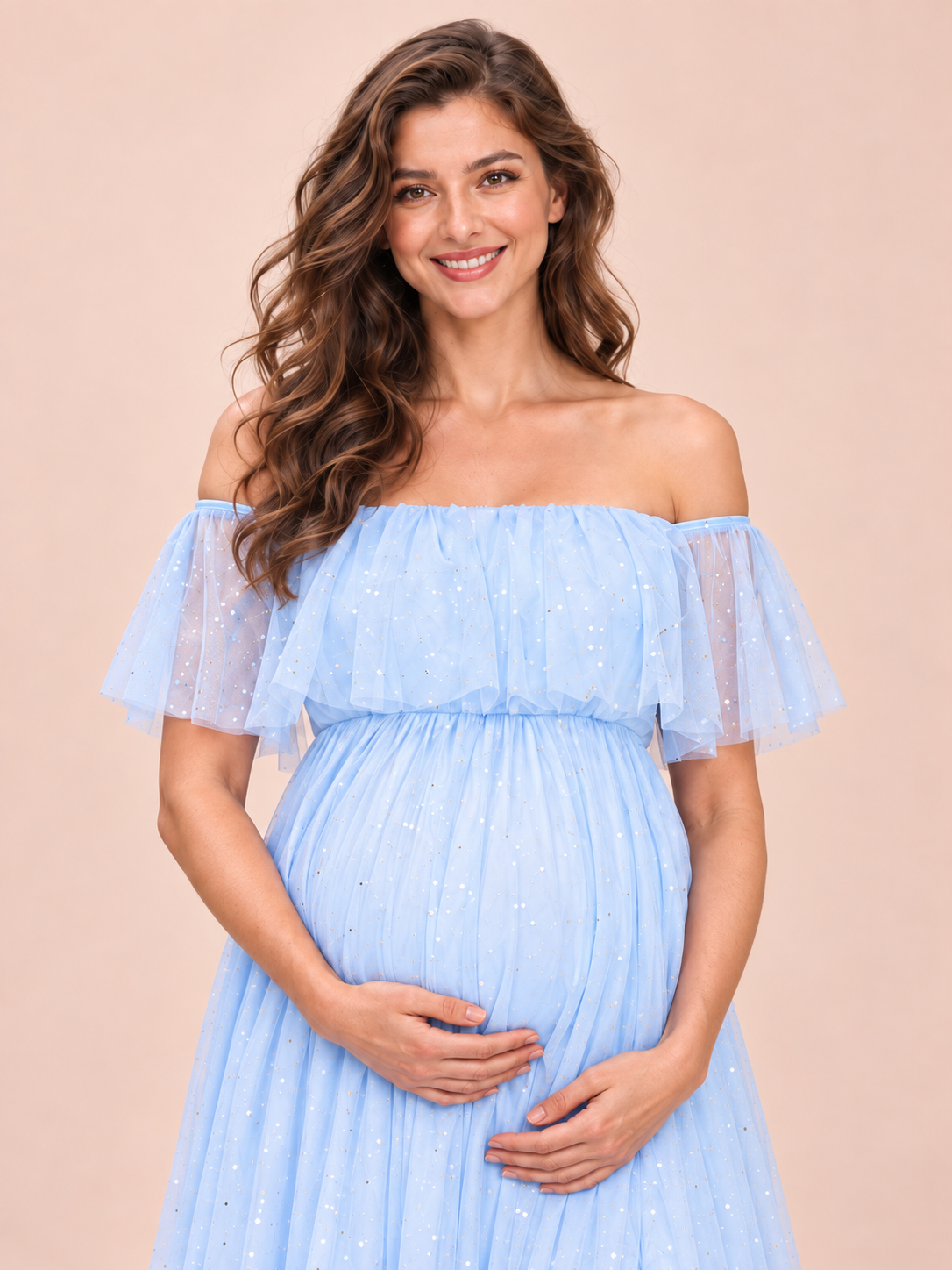 Odette Light Blue maternity dress — off-shoulder ruffle and gathered neckline close-up