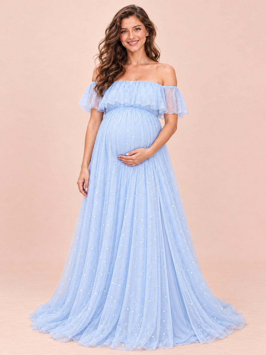 Odette Light Blue maternity dress — full tulle skirt falling to the floor