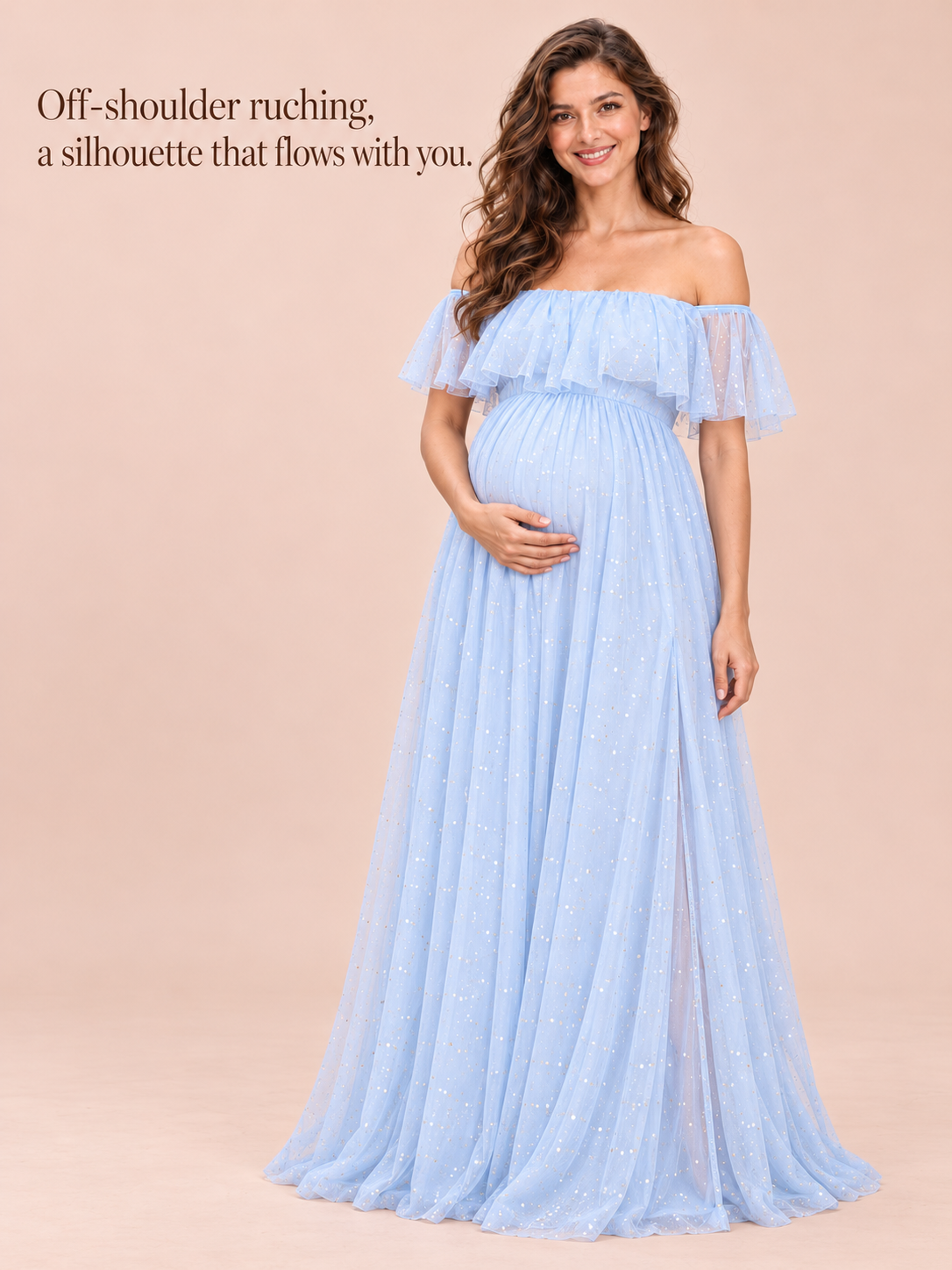 Odette Light Blue maternity dress — full off-shoulder silhouette in a studio portrait