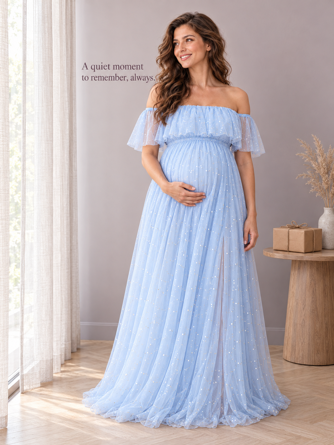 Odette Light Blue maternity dress — quiet moment by a sunlit window