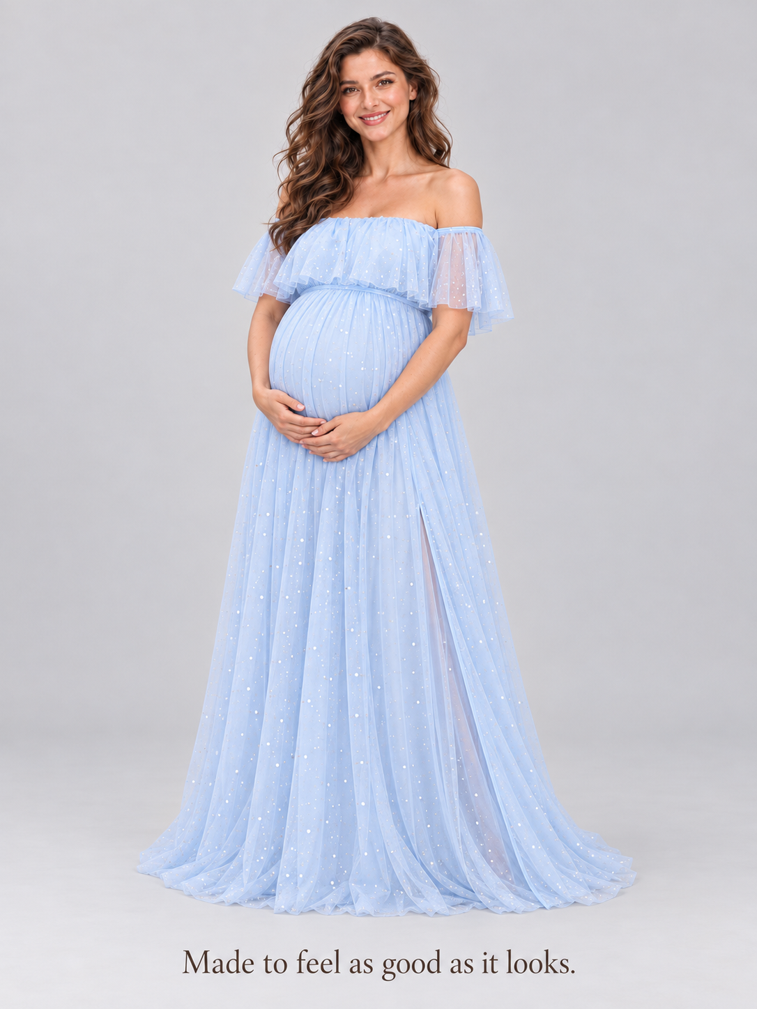 Odette Light Blue maternity dress — studio portrait in a soft gray setting