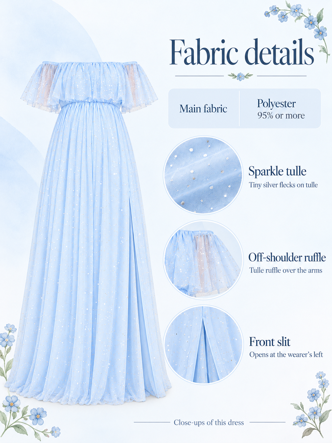 Odette Light Blue maternity dress — material guide showing sparkle tulle, off-shoulder ruffle and front slit