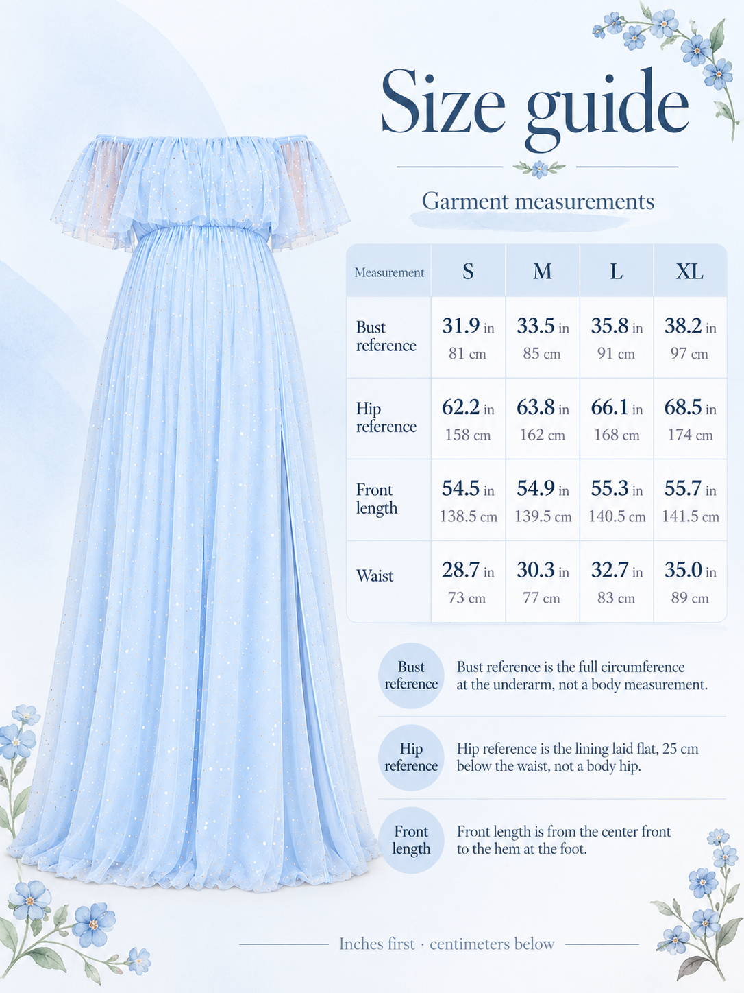 Odette Light Blue maternity dress — size guide with S to XL garment measurements in inches and centimeters
