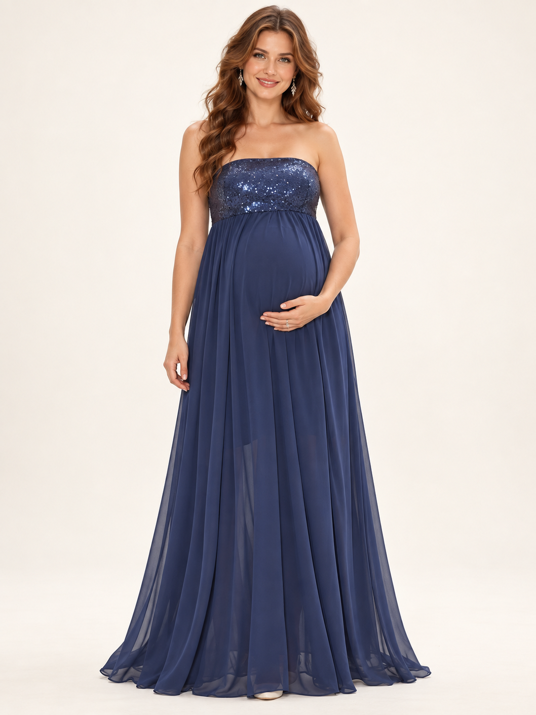 Josephine Navy maternity dress — front view with strapless sequin bodice and chiffon maxi skirt