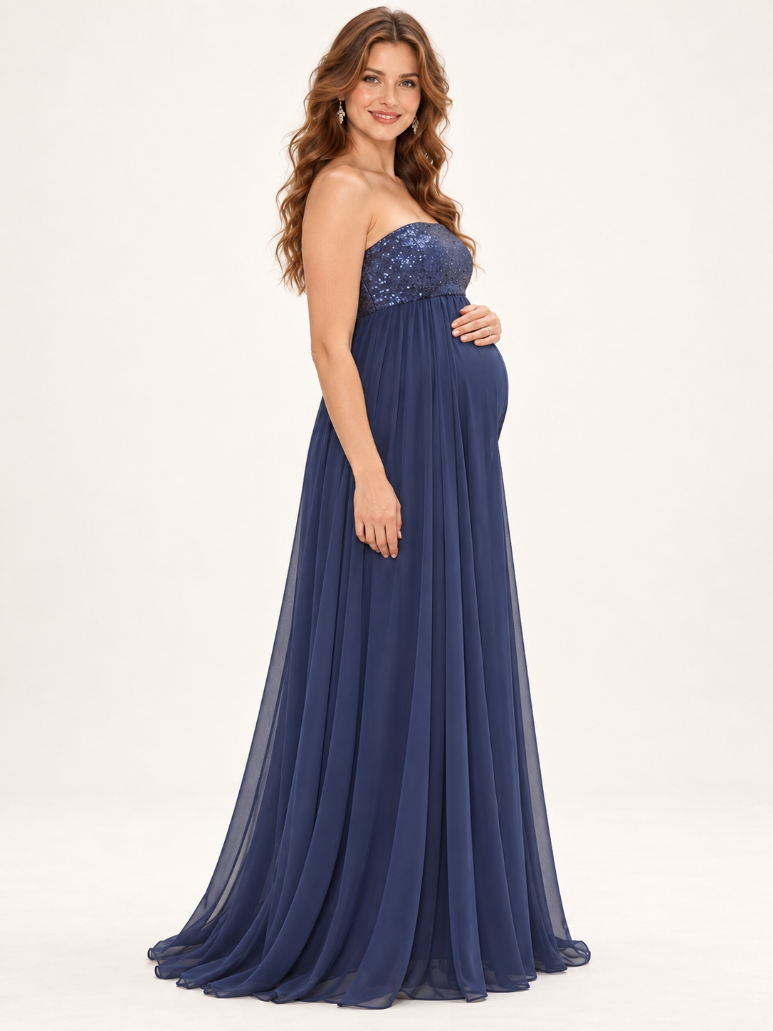 Josephine Navy maternity dress — side view of the empire waist and flowing skirt over the bump
