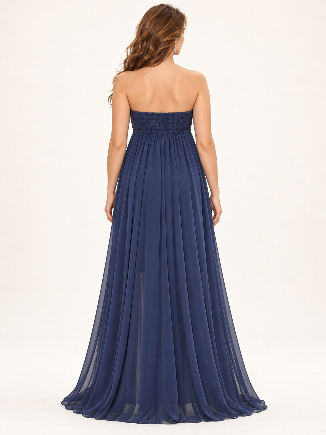 Josephine Navy maternity dress — back view of the shirred strapless bodice and long skirt