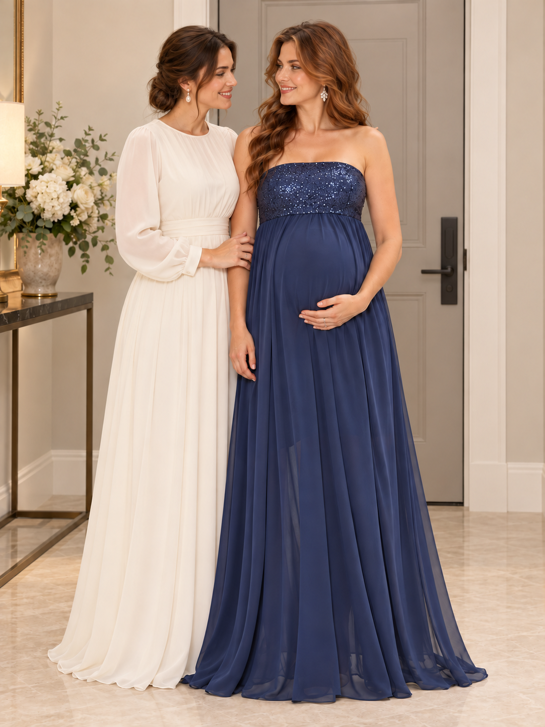 Josephine Navy maternity dress — standing arm in arm with a friend