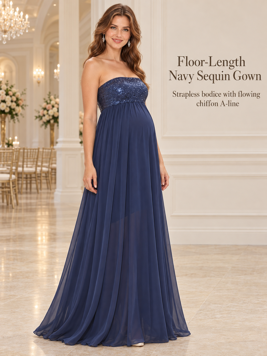 Josephine Navy maternity dress — full-length silhouette in an elegant hall