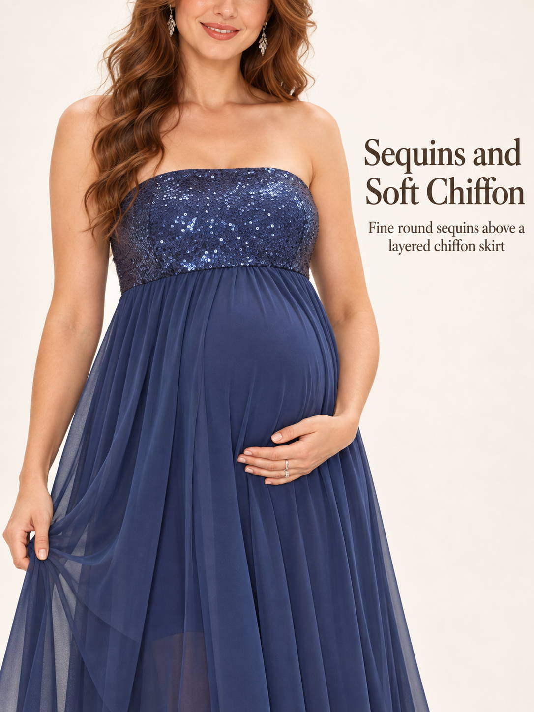 Josephine Navy maternity dress — small round sequins above layered chiffon in soft light