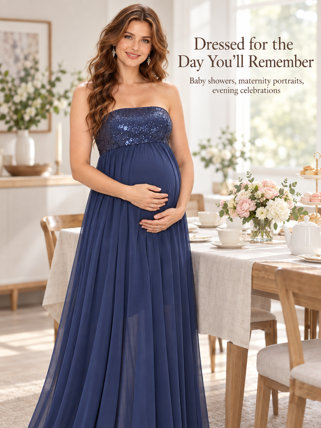 Josephine Navy maternity dress — standing beside a table set for a celebration