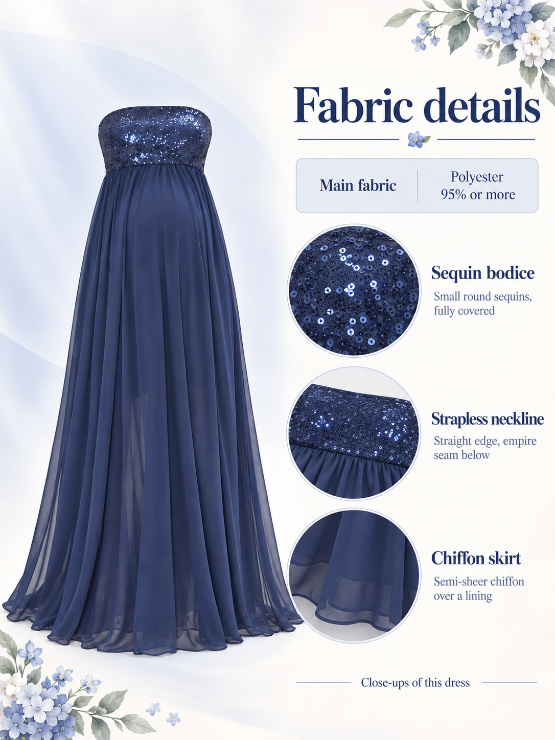 Josephine Navy maternity dress — material guide showing the sequin bodice, chiffon skirt and short lining