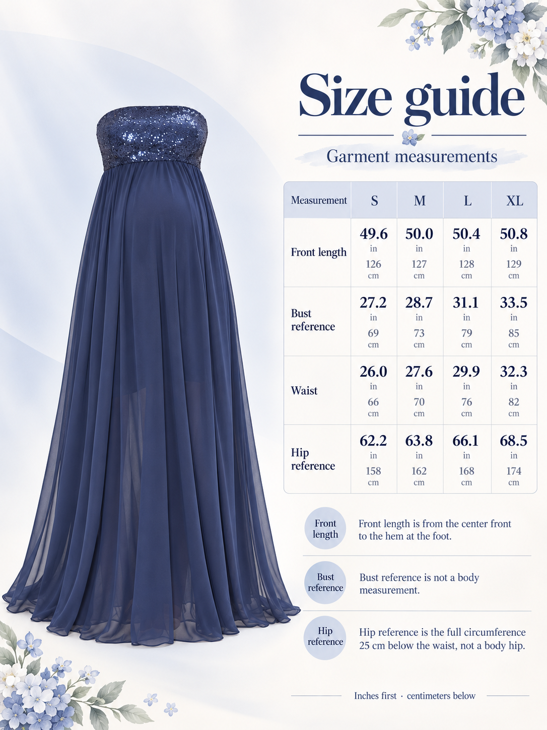 Josephine Navy maternity dress — size guide with S to XL garment measurements in inches and centimeters
