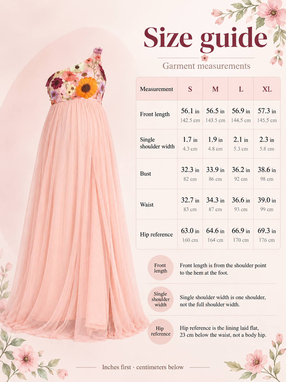Size guide for the Florielle Pink maternity dress, S to XL garment measurements in inches and centimeters