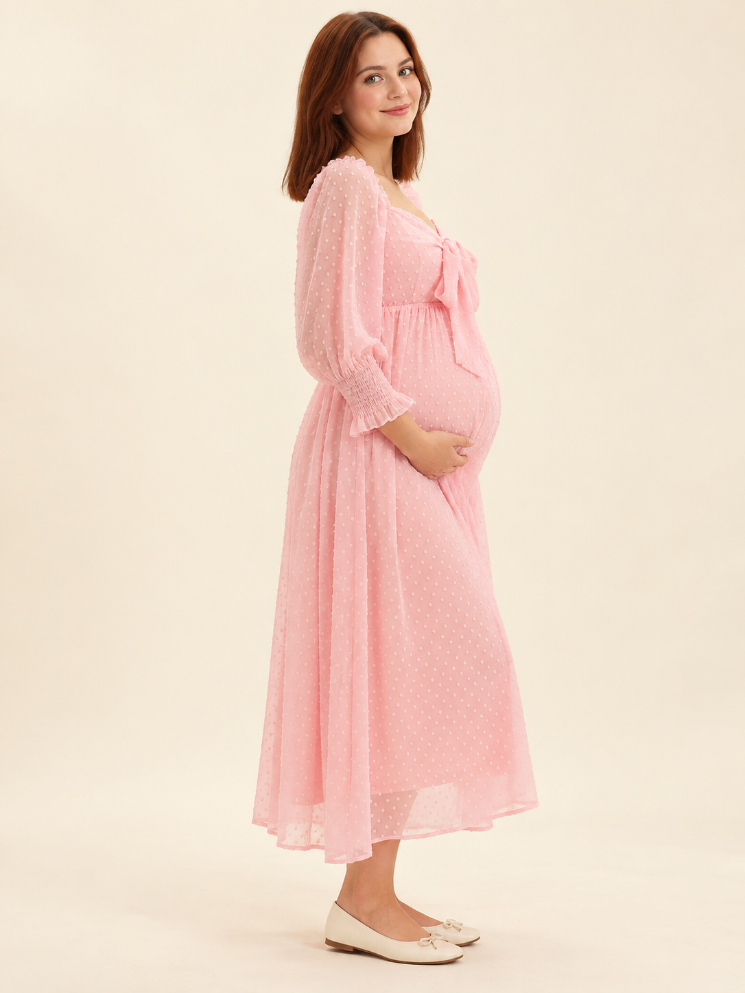 Emmeline Blush Pink maternity dress — side view of the empire waist and maternity silhouette
