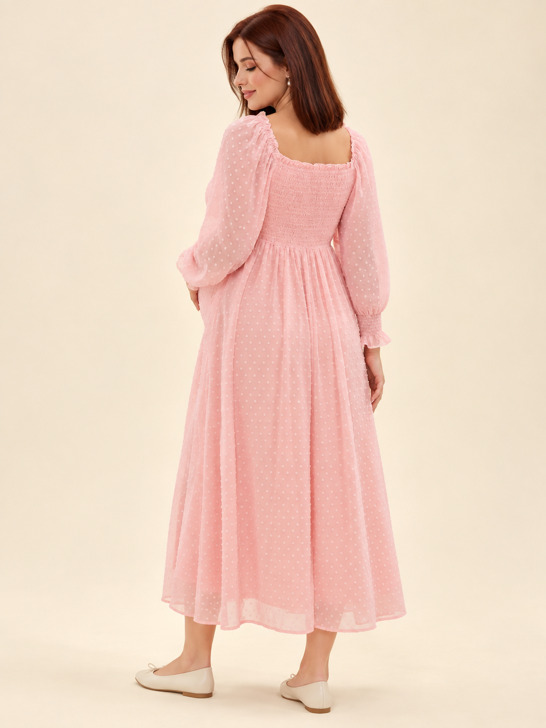 Emmeline Blush Pink maternity dress — back view of the smocked bodice and long sleeves