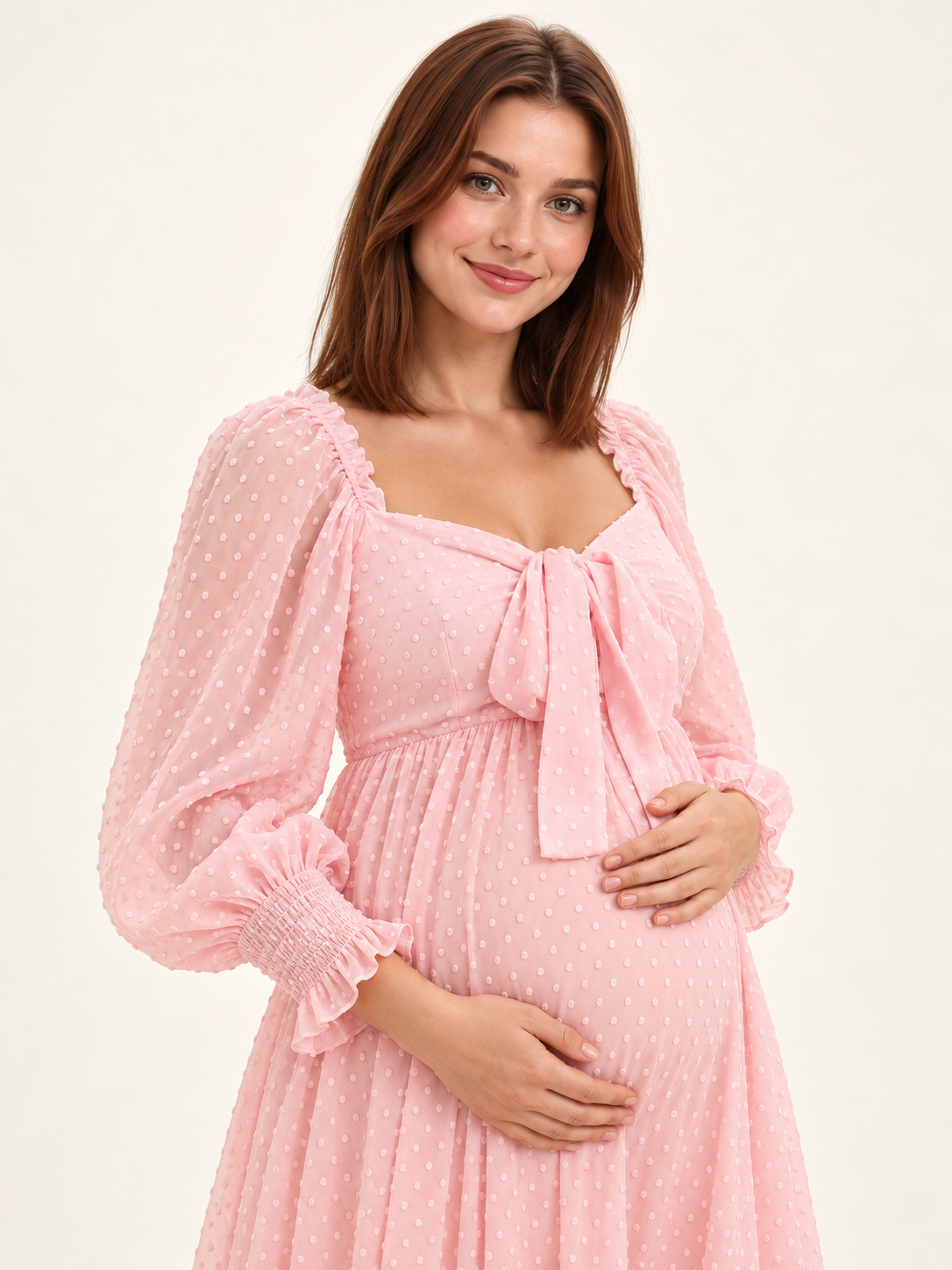 Emmeline Blush Pink maternity dress — balloon sleeve with smocked ruffle cuff in a half-length view