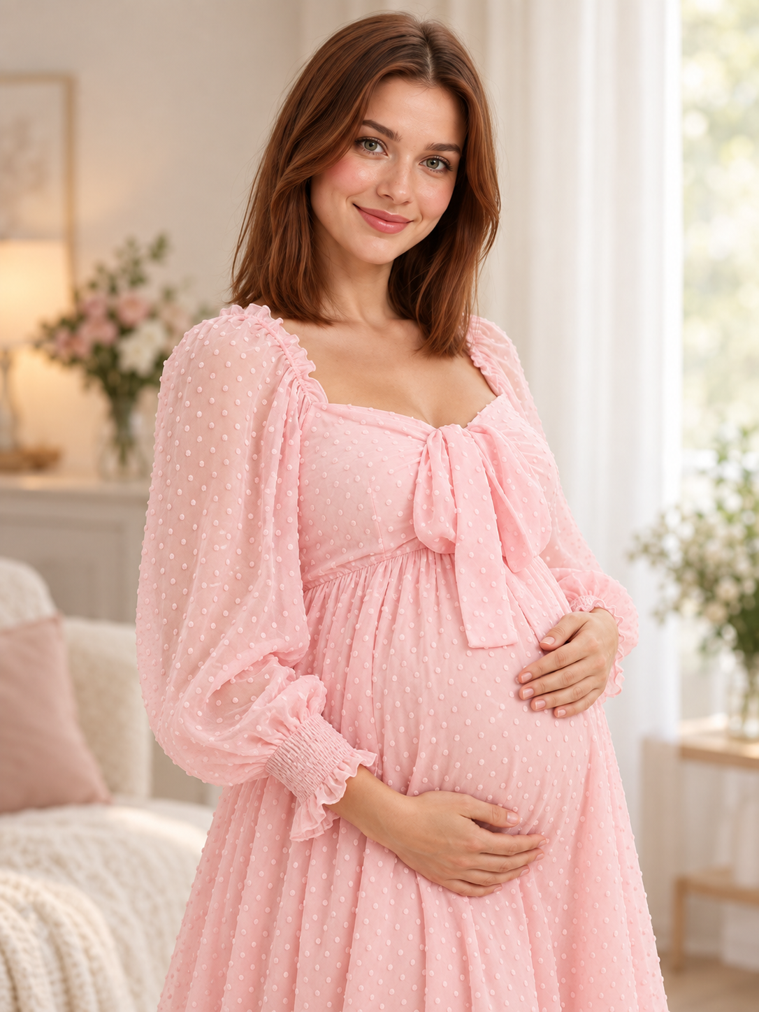 Emmeline Blush Pink maternity dress — keepsake portrait cradling the bump in a soft bedroom
