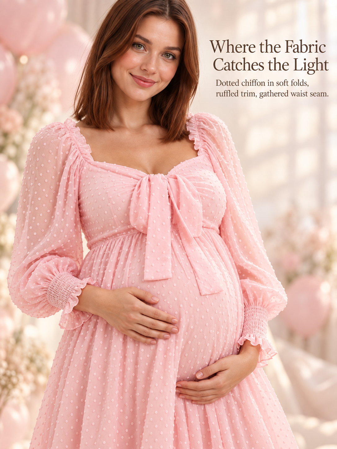 Emmeline Blush Pink maternity dress — soft-light close-up of the dotted chiffon and ruffled neckline