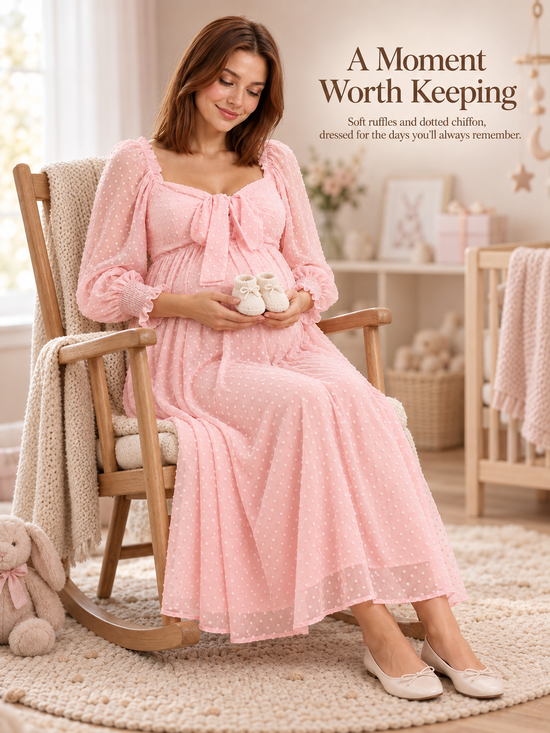Emmeline Blush Pink maternity dress — seated in a nursery rocking chair holding baby shoes