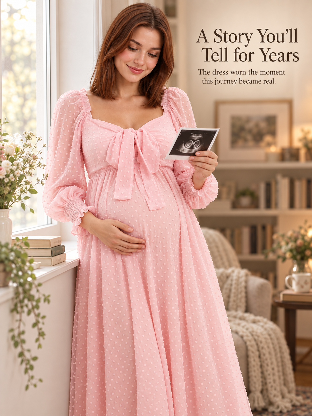 Emmeline Blush Pink maternity dress — holding an ultrasound photo beside a bookshelf