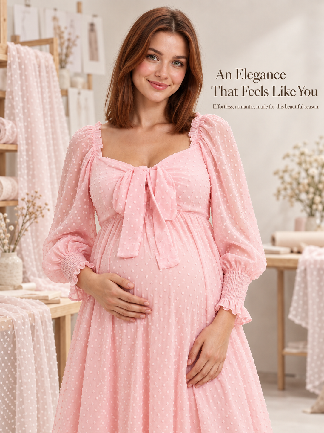 Emmeline Blush Pink maternity dress — portrait in a sewing studio with dotted fabric