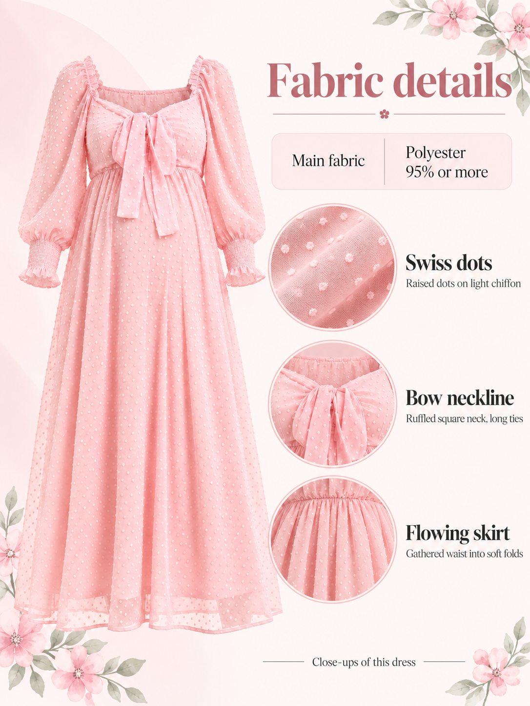 Emmeline Blush Pink maternity dress — material guide showing the Swiss-dot chiffon, bow and smocked cuffs