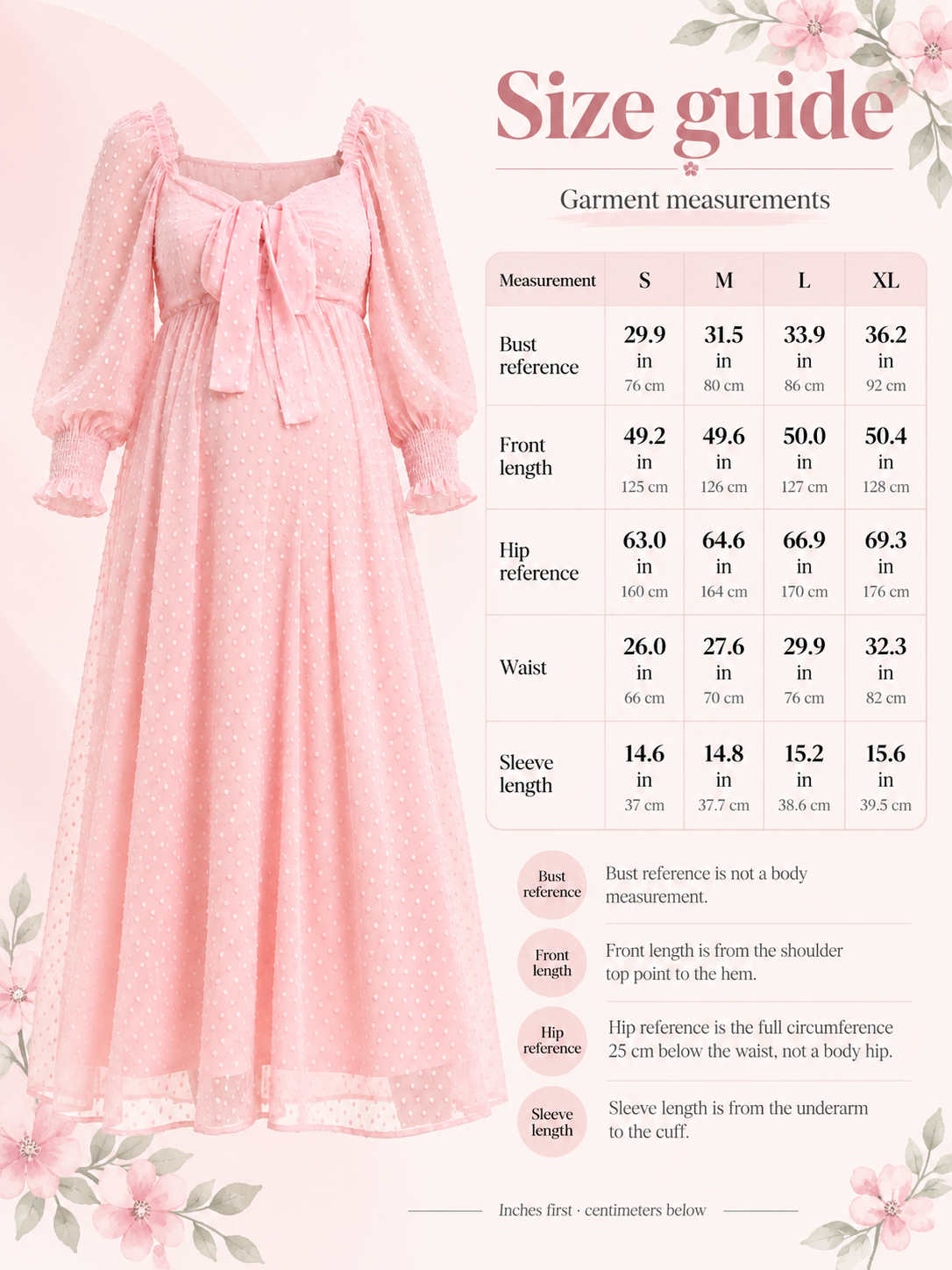 Emmeline Blush Pink maternity dress — size guide with S to XL garment measurements in inches and centimeters