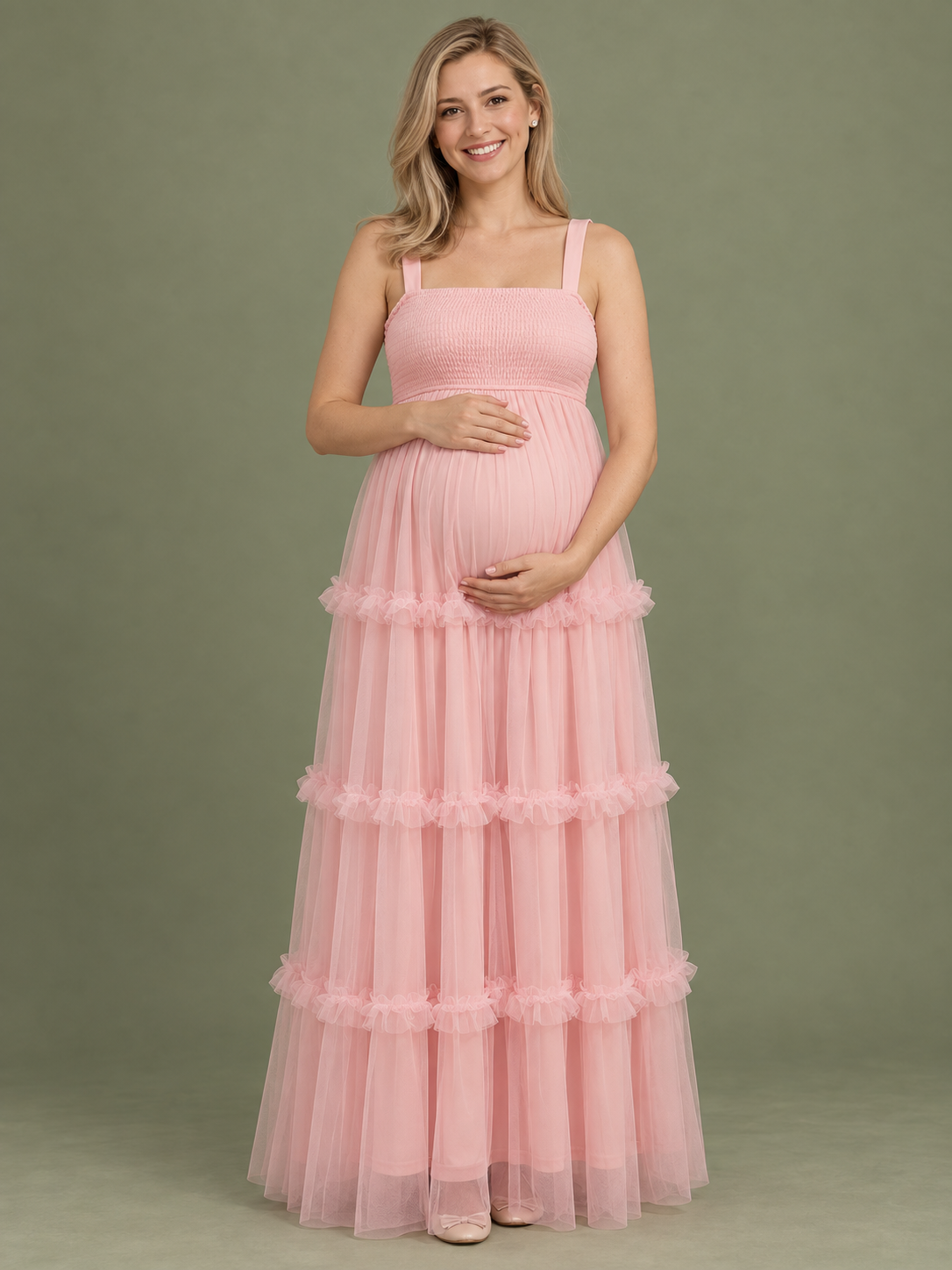 Lorelei Light Pink maternity dress — front view with square neckline, wide straps and tiered tulle skirt
