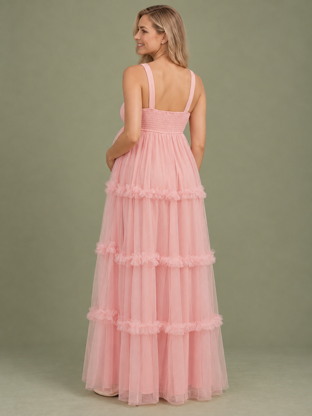 Lorelei Light Pink maternity dress — back view of the wide straps and tiered skirt