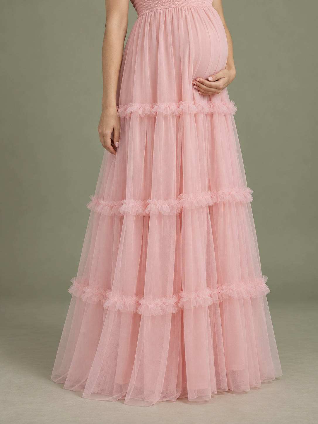 Lorelei Light Pink maternity dress — tiered tulle skirt with ruffle trims detail