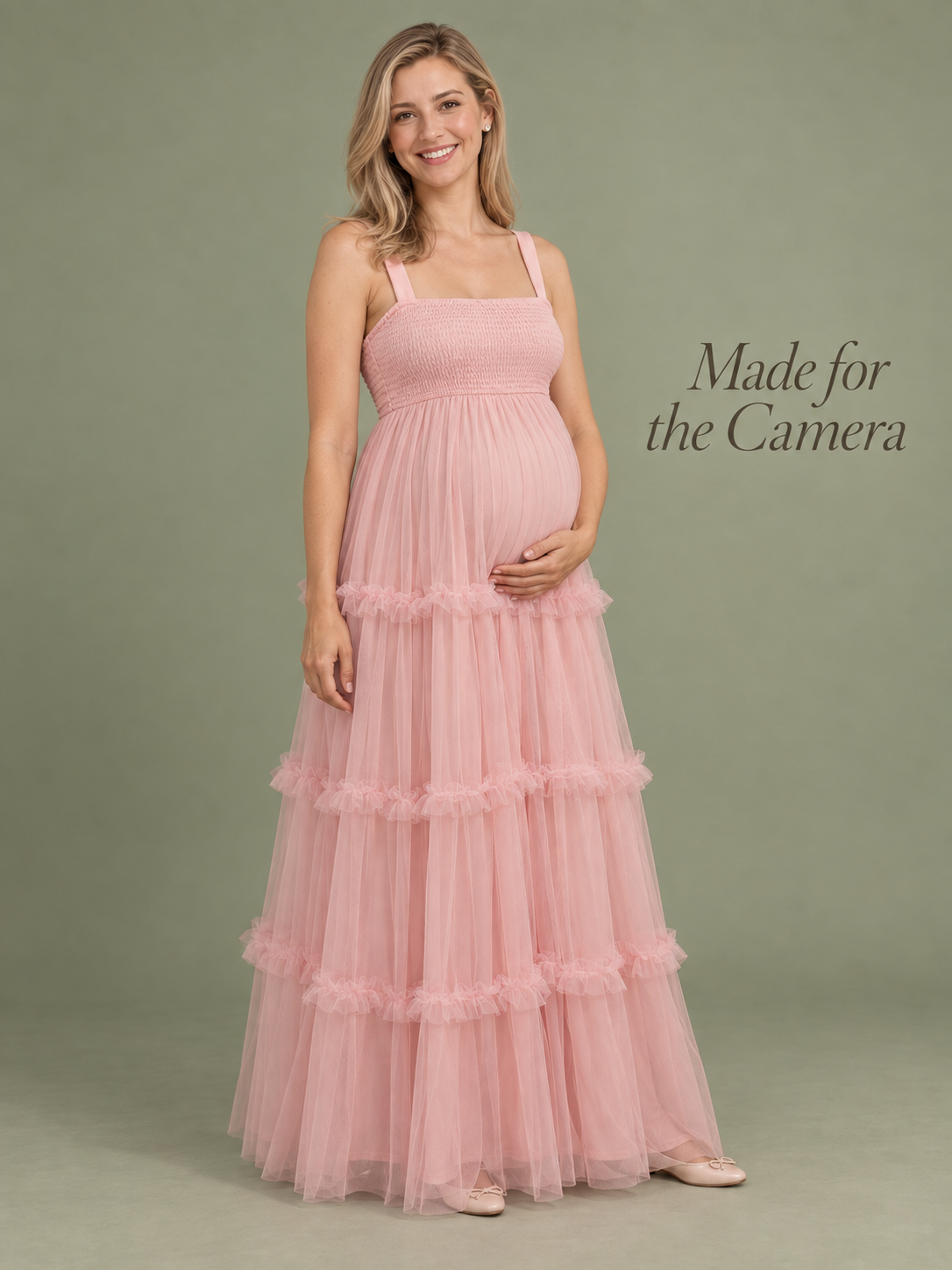 Lorelei Light Pink maternity dress — full silhouette with tiered tulle skirt in soft light