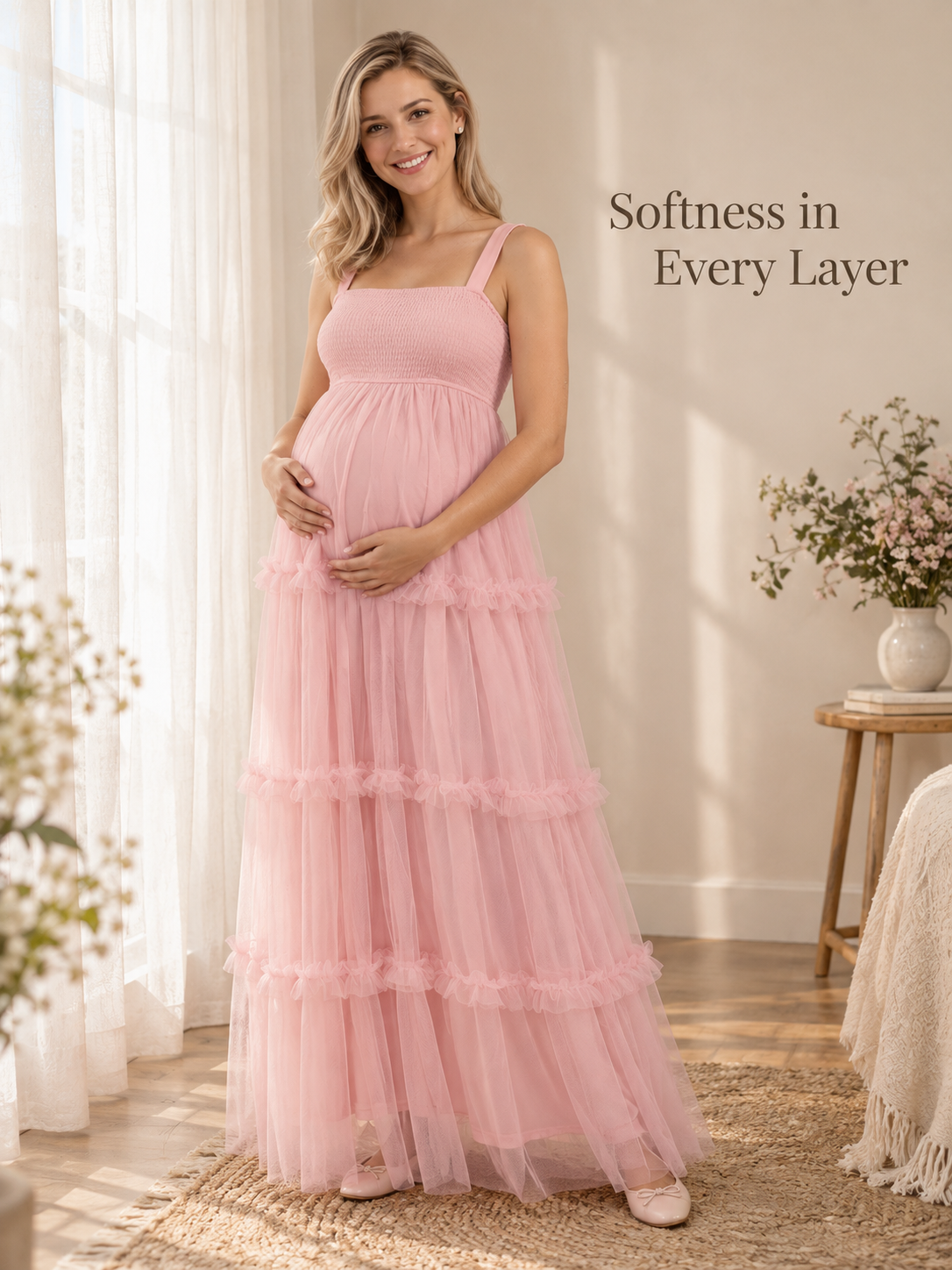 Lorelei Light Pink maternity dress — soft tulle tiers in window light