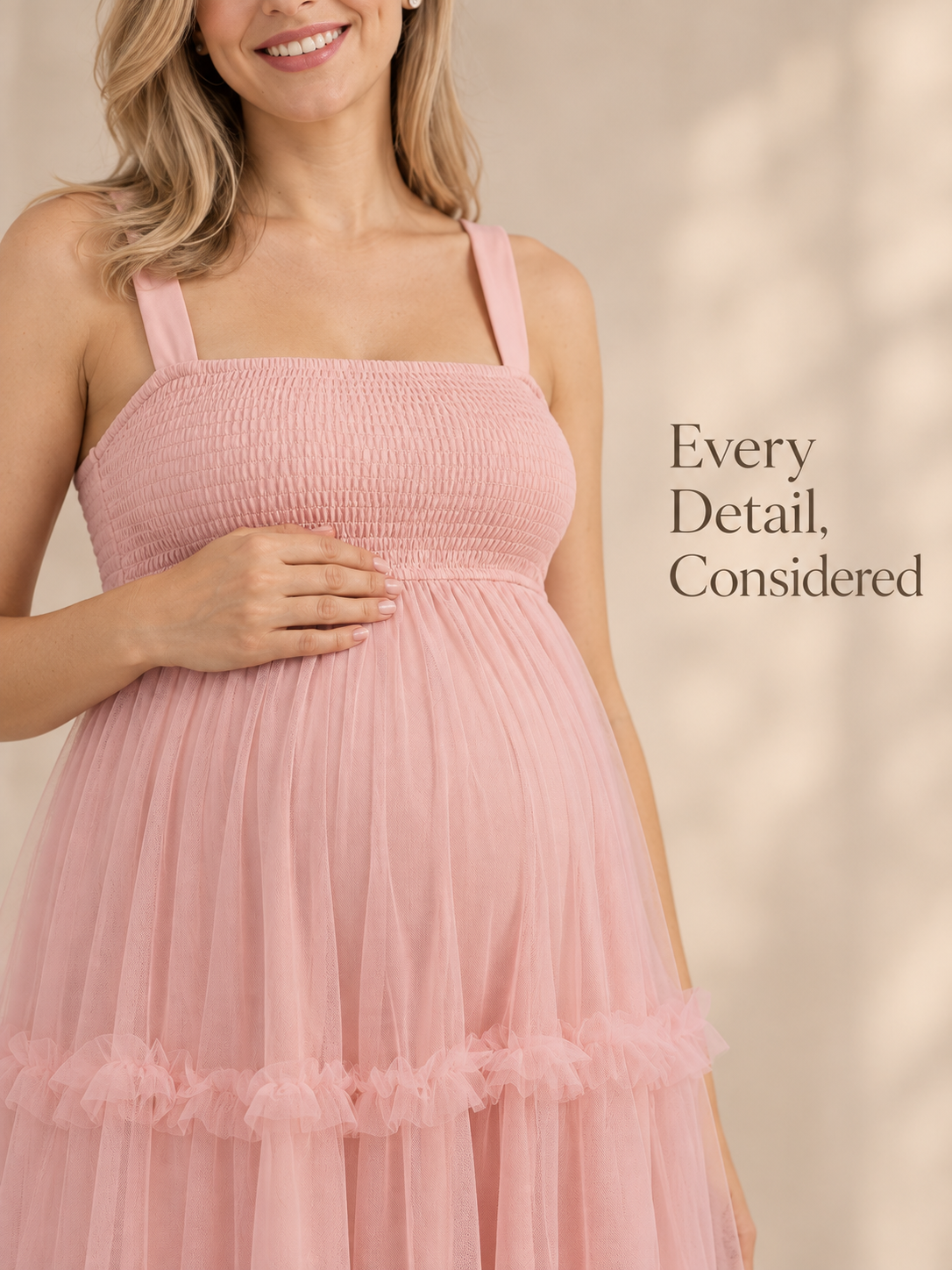 Lorelei Light Pink maternity dress — shirred bodice and wide strap close-up