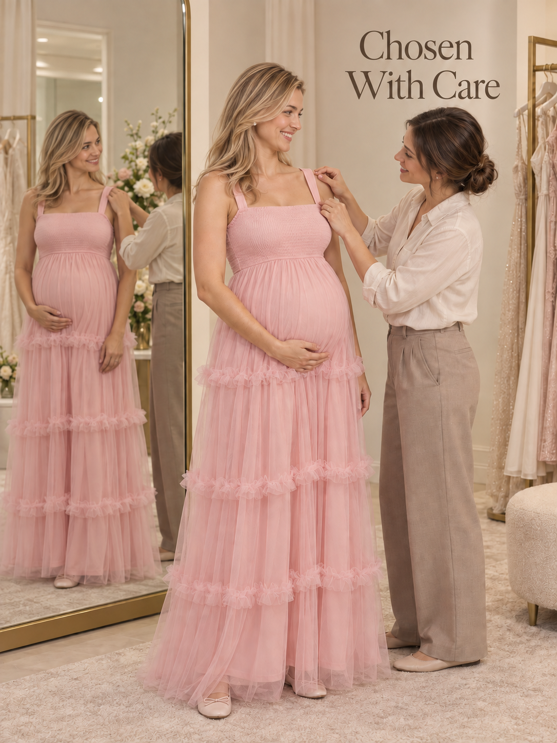 Lorelei Light Pink maternity dress — choosing your baby shower dress with help in a boutique