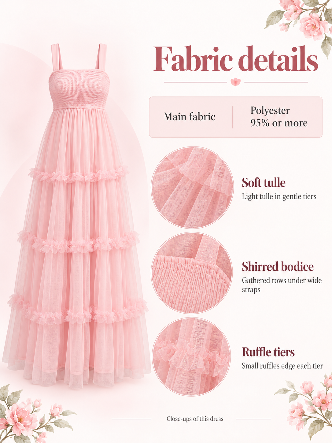 Lorelei Light Pink maternity dress — material guide showing fine shirring and tiered tulle with ruffles