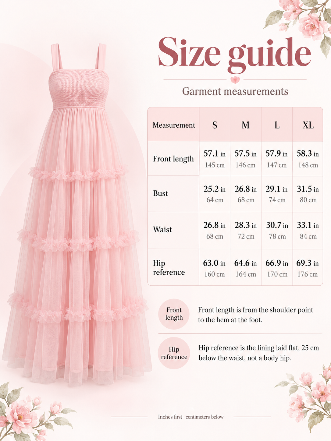 Lorelei Light Pink maternity dress — size guide with S to XL garment measurements in inches and centimeters