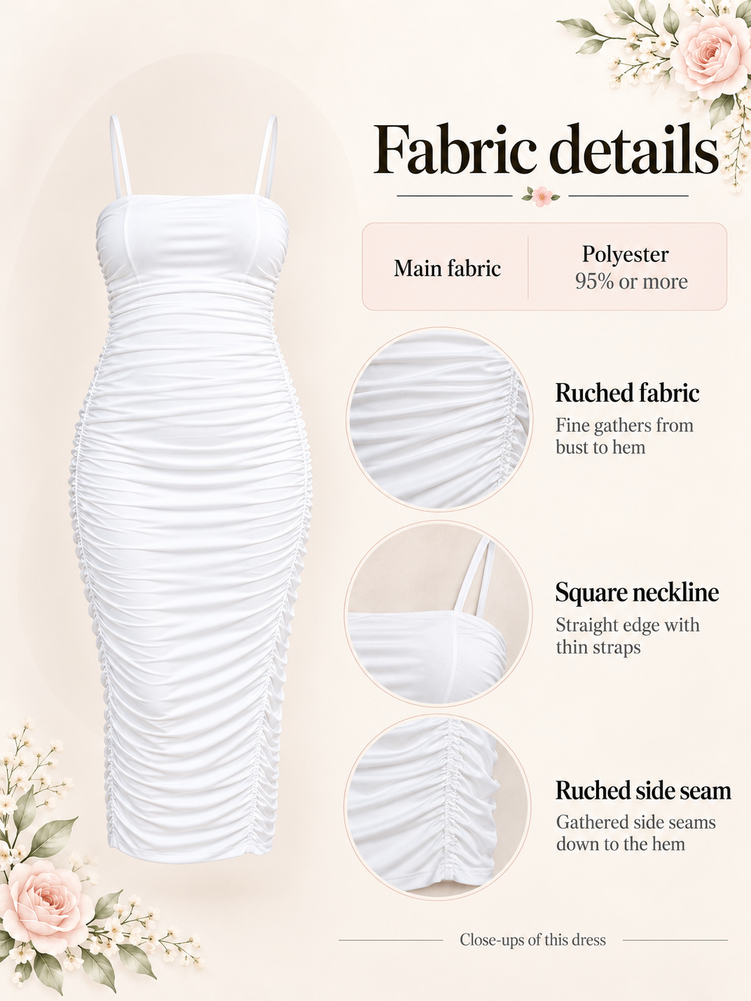Nadia White maternity dress — material guide showing the ruched fabric, square neckline and side seams