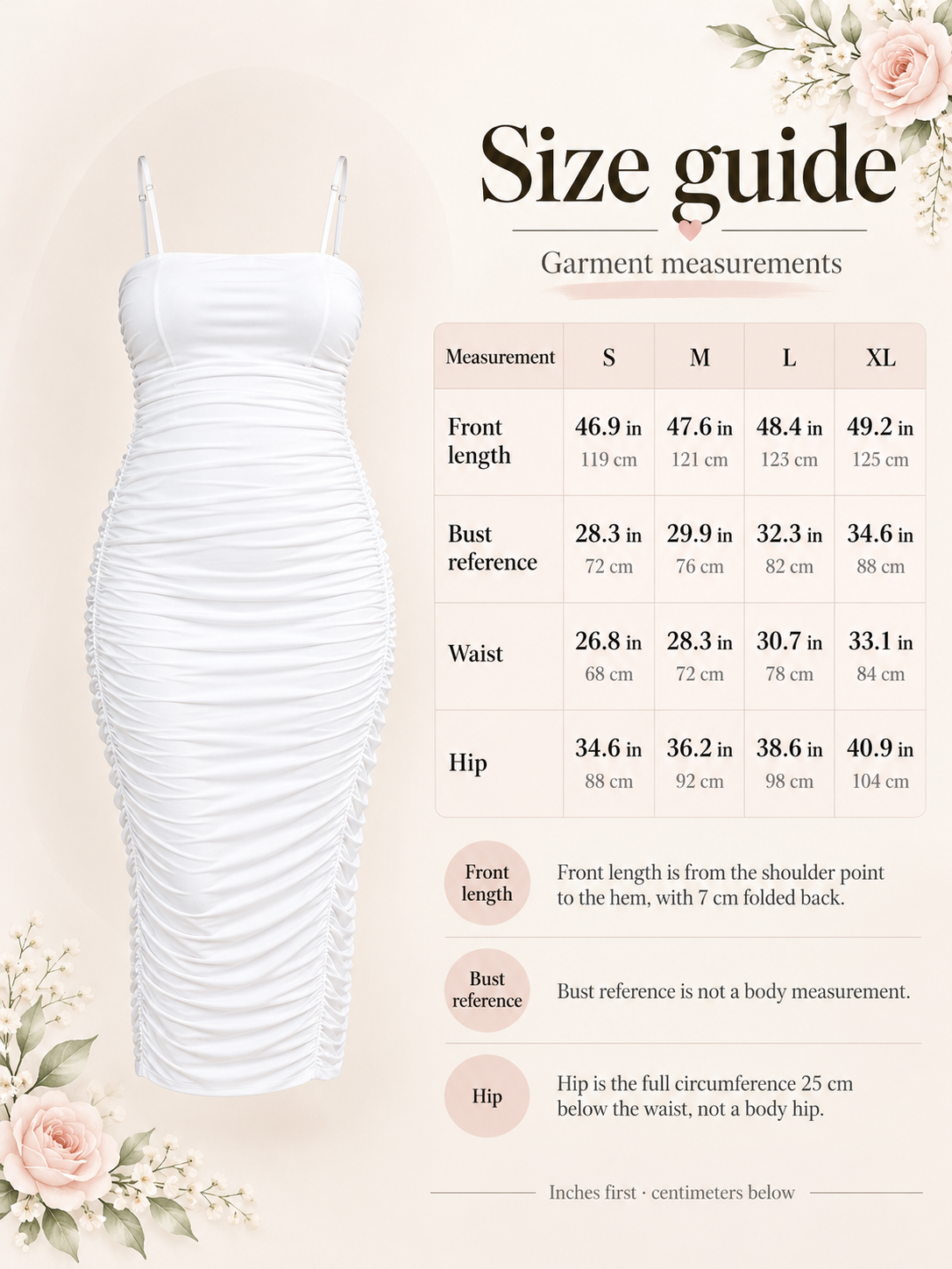 Nadia White maternity dress — size guide with S to XL garment measurements in inches and centimeters